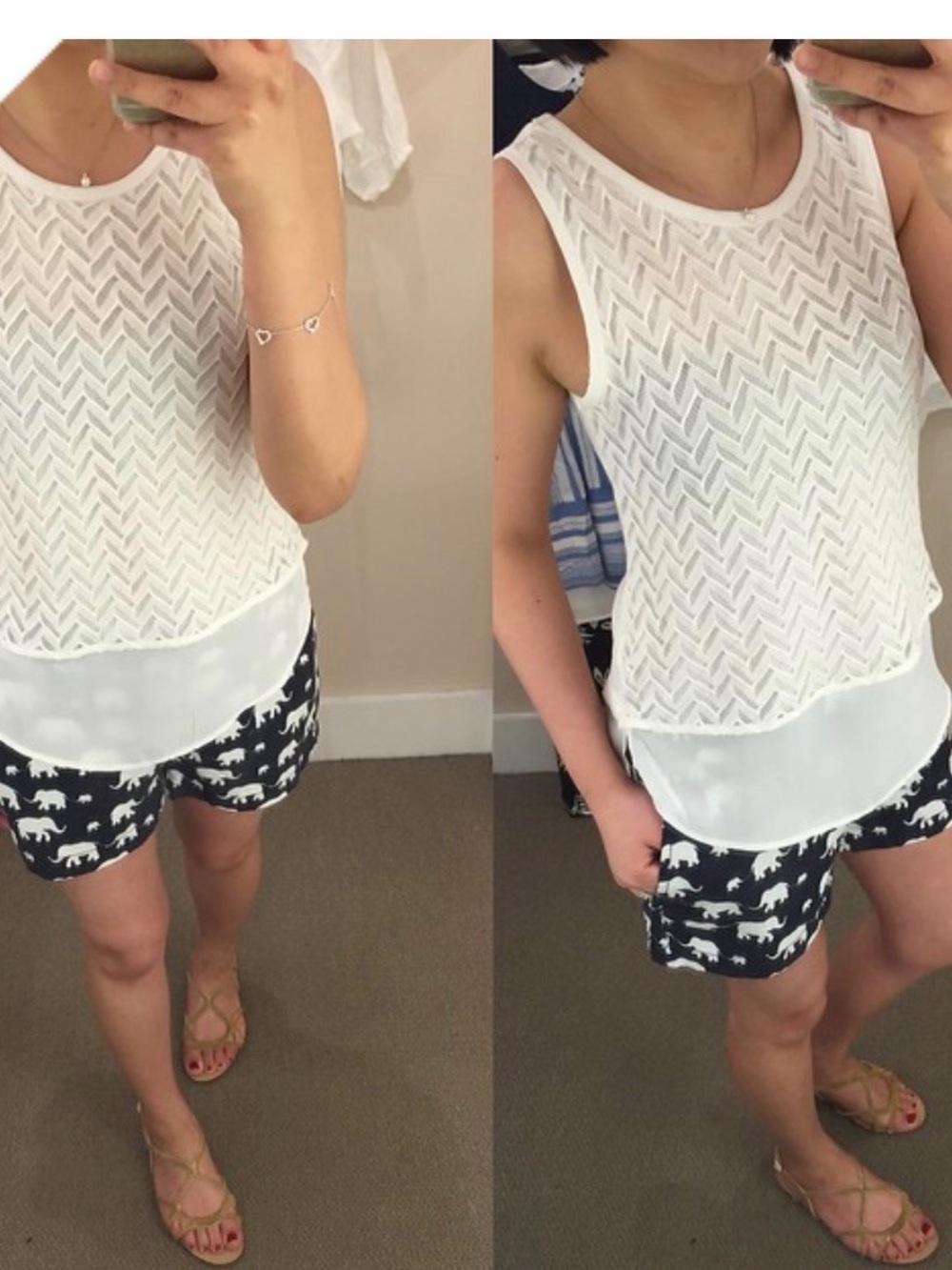 LOFT White Sleeveless Chevron Lace Overlay Tank